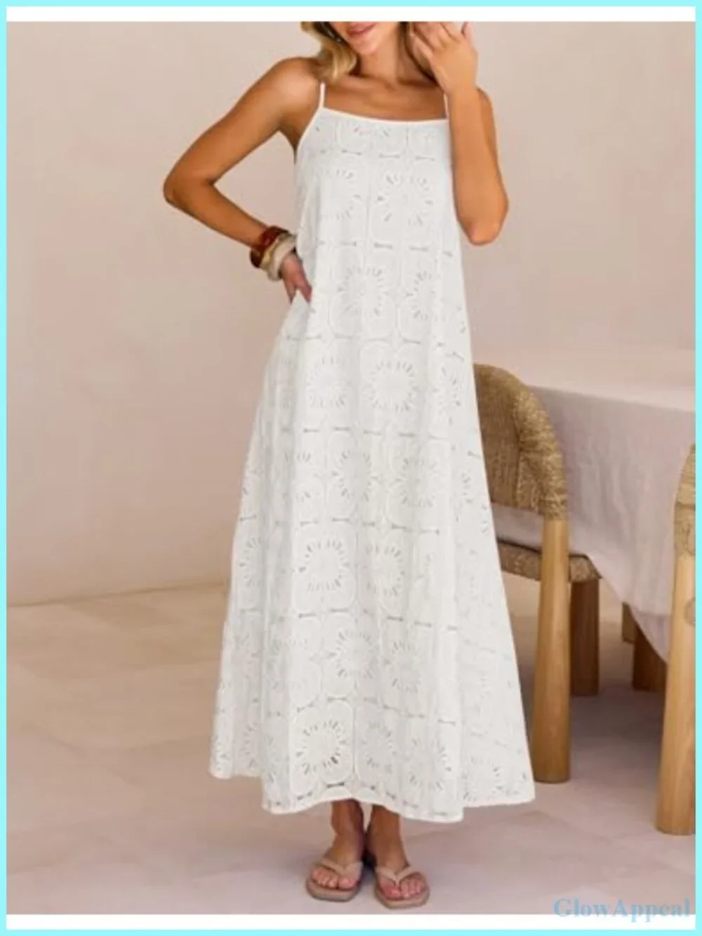 Sleeveless Lace Eyelet Boho Beach Maxi Dress with Pockets